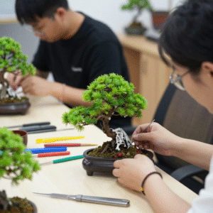 Persona dedicando tiempo al cuidado de un bonsái, reflejando paciencia, técnica y conexión con la naturaleza.